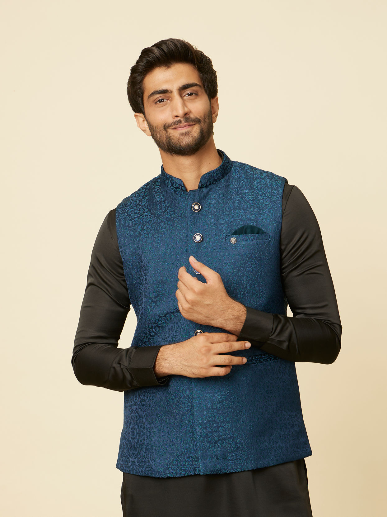 alt message - Manyavar Men Teal Blue Medallion Patterned Nehru Jacket image number 0